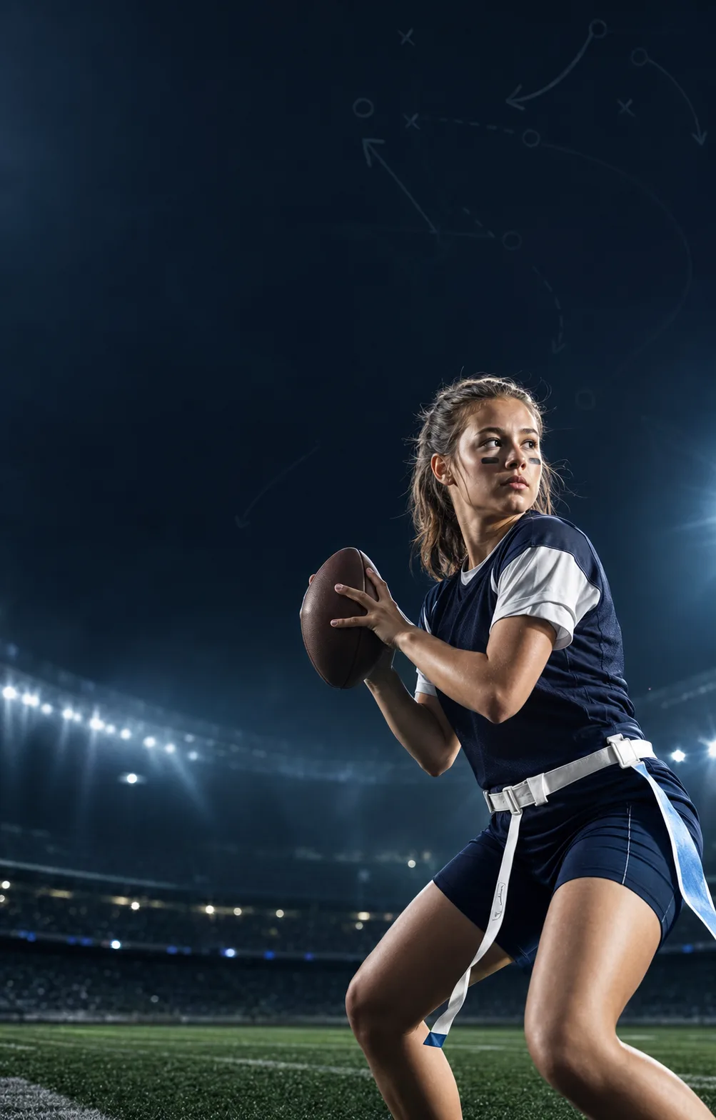 High school girls flag football quarterback preparing to throw under stadium lights