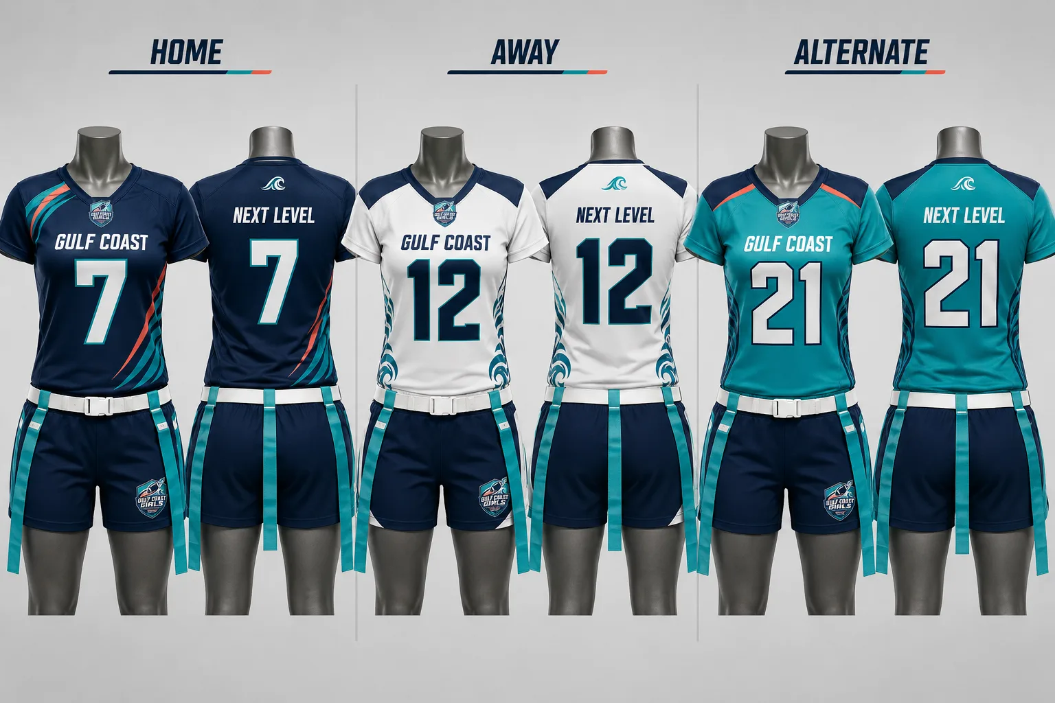 Gulf Coast Girls Flag Football home, away, and alternate uniform kits